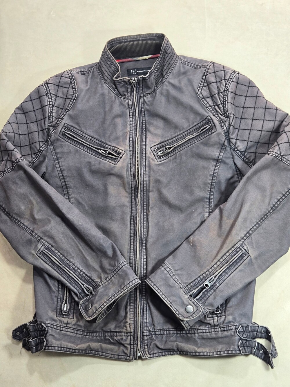 INC Mens Gray Distressed Quilted Moto Biker Jacket Size M Full Zip Pockets